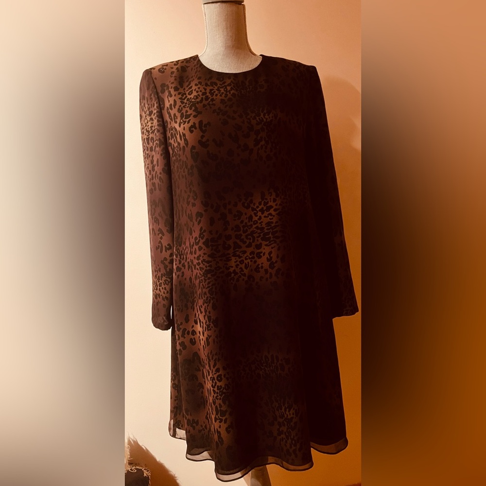 Brown Leopard-Print Long-Sleeve A-Line Dress 100% silk